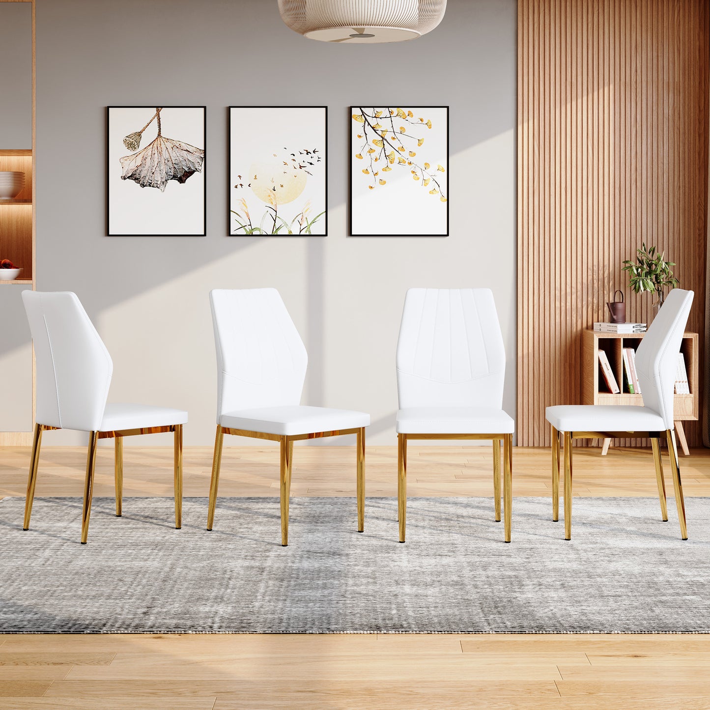 Set Of 4 Gold - And White Dining Chairs, 37 Inches High ,Ergonomic PU