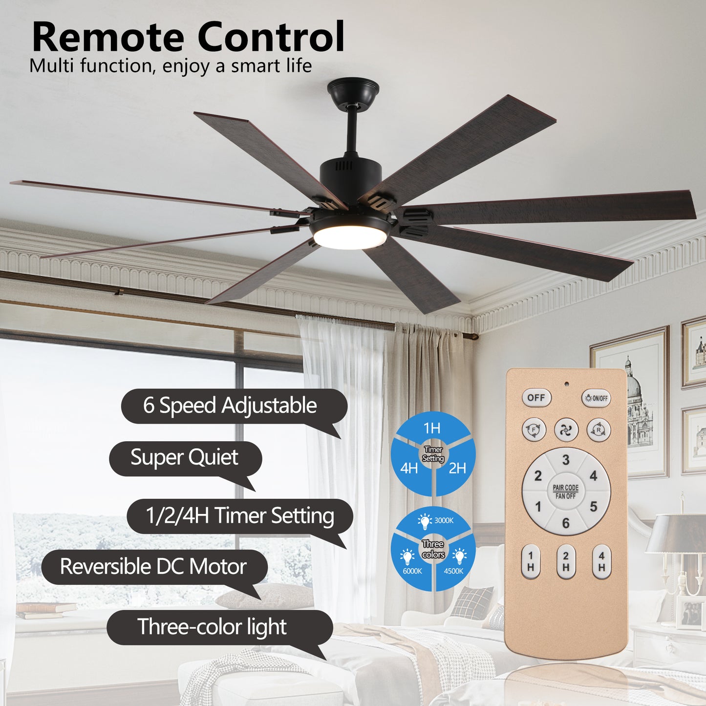 72-Inch Walnut LED Ceiling Fan with Remote Control & 8 Blades