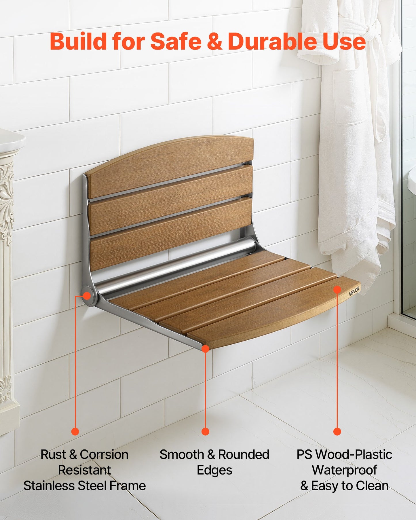 Foldable Wall-Mounted Shower Seat with Backrest, Supports 400LBS, Black