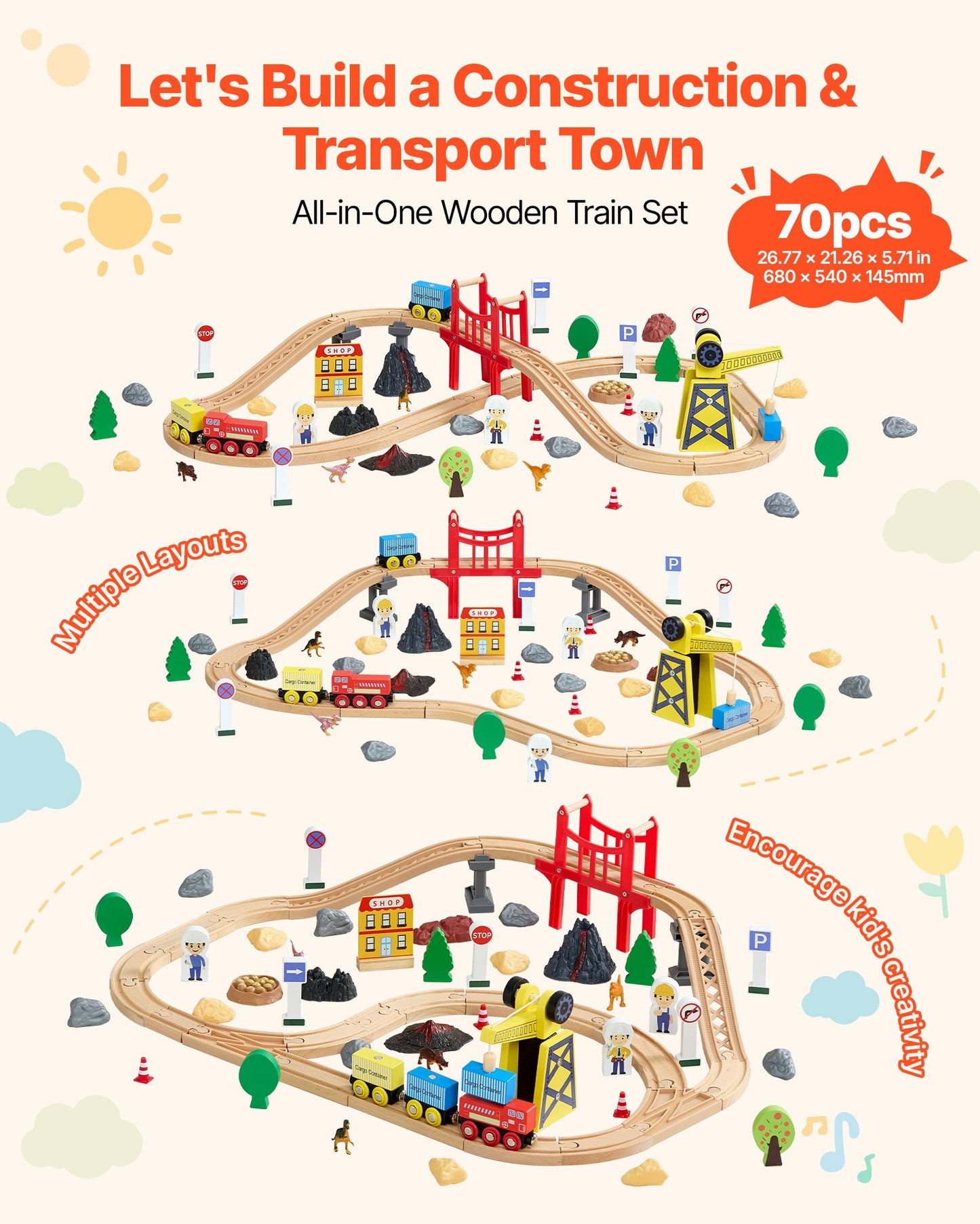 Wooden Train Set with Magnetic Crane and Accessories - Kids Construction Toy