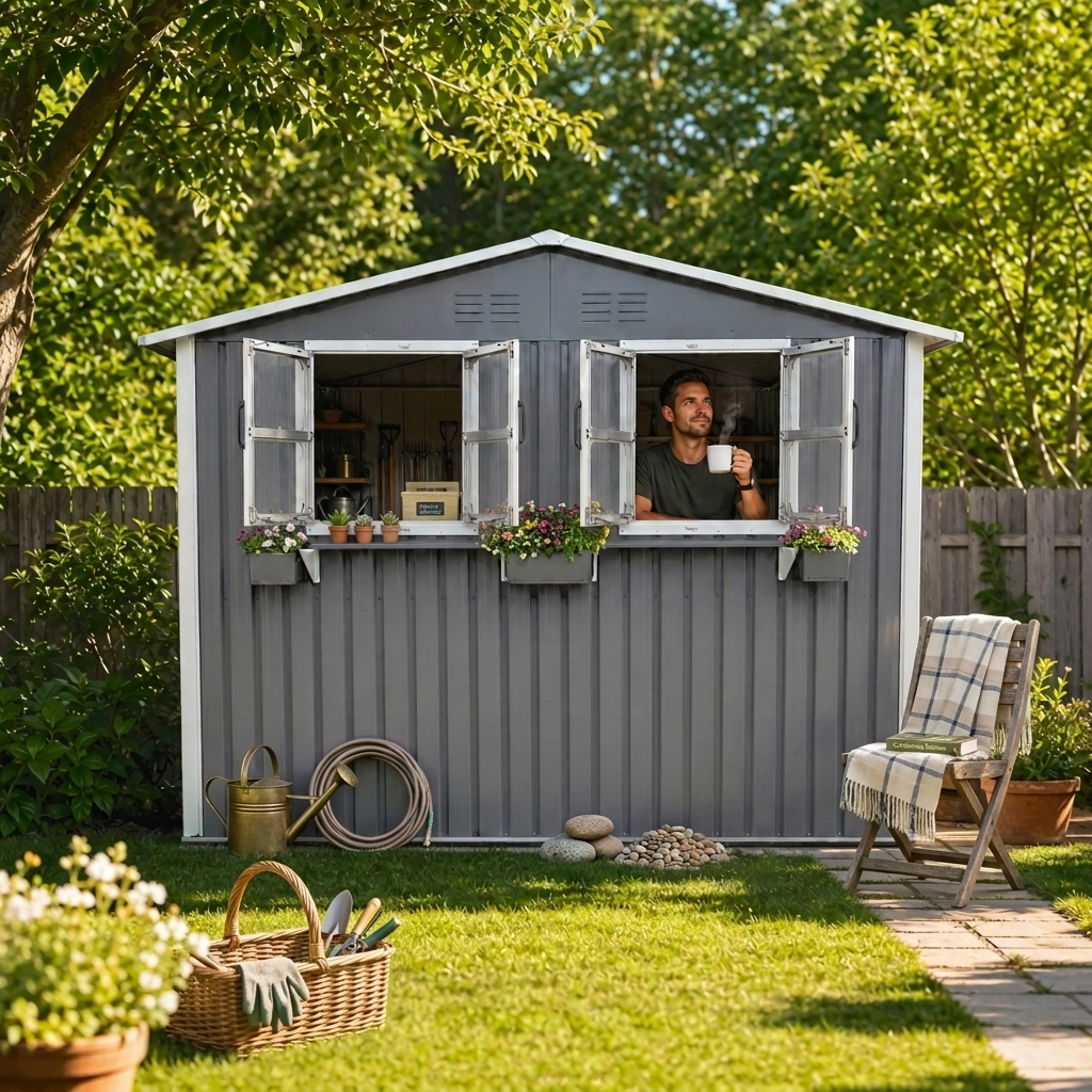 9x6 FT Outdoor Metal Garden Shed with Window & Flower Rack