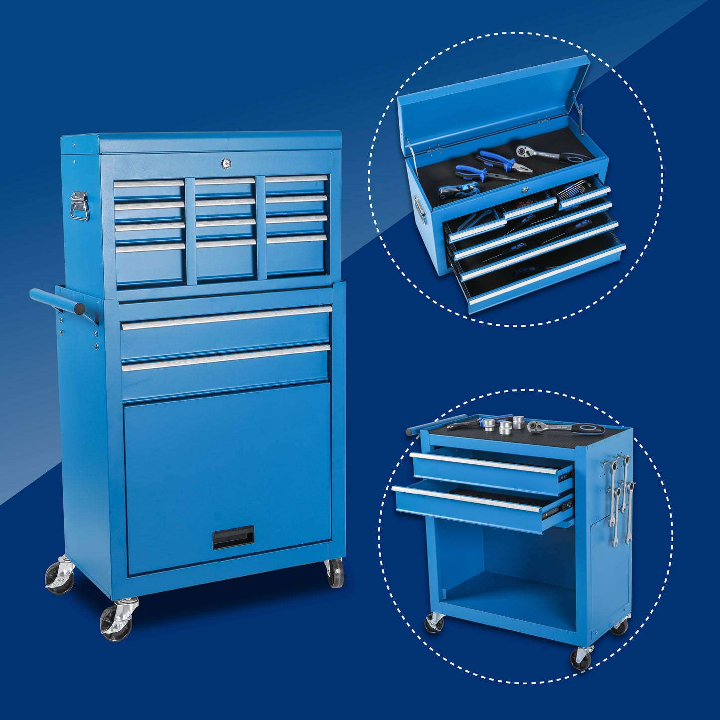 8-Drawer Metal Tool Storage Cabinet with Detachable Top Box - Blue
