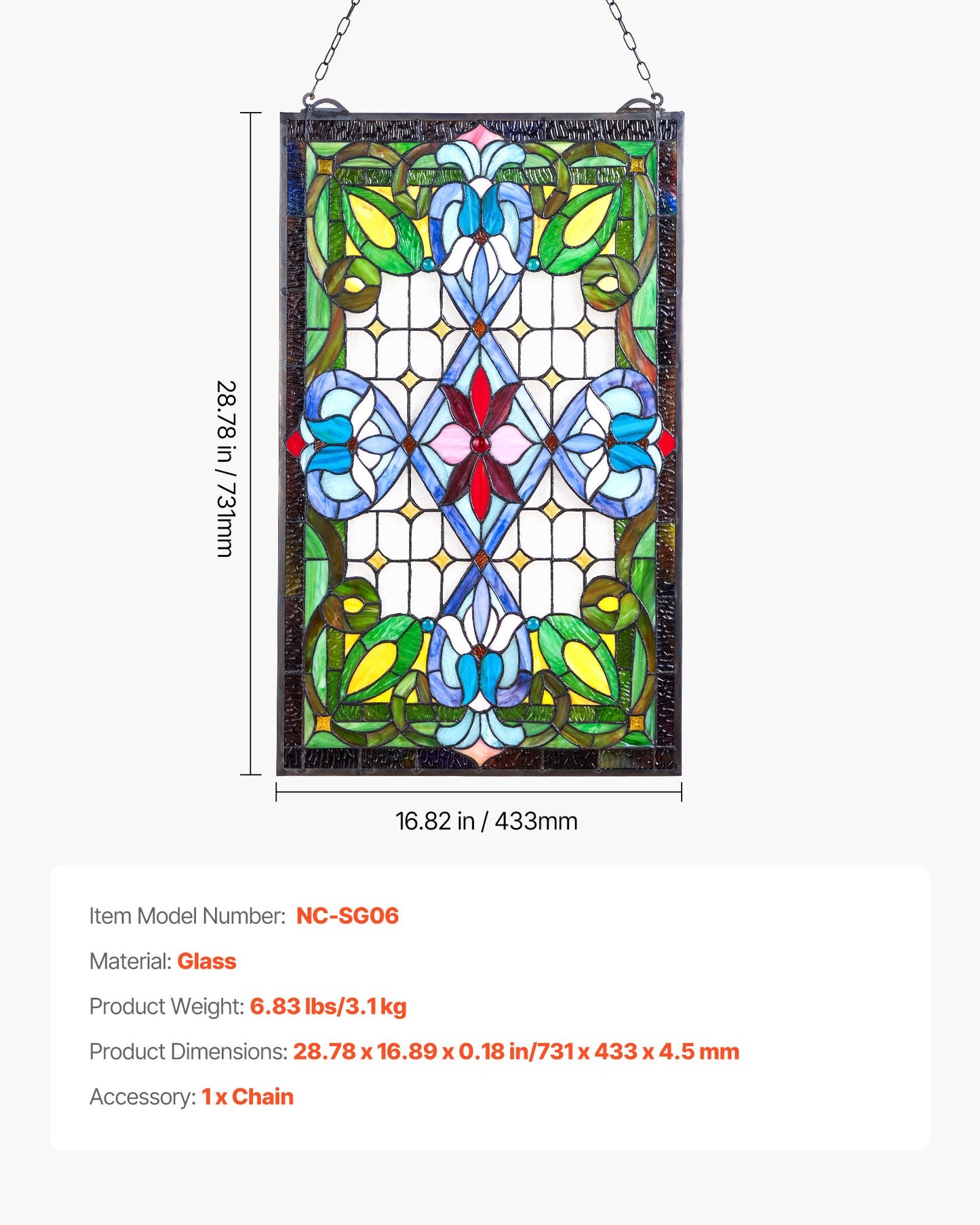Stained Glass Window Panel 17x29 Inches Tiffany Style Hanging Transom Art Decor