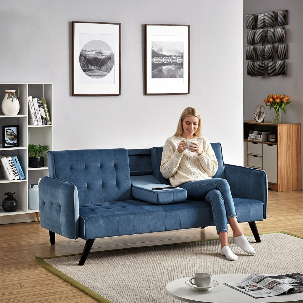 72 Velvet Convertible Sofa Bed With Cup Holders, Tufted Folding Futon