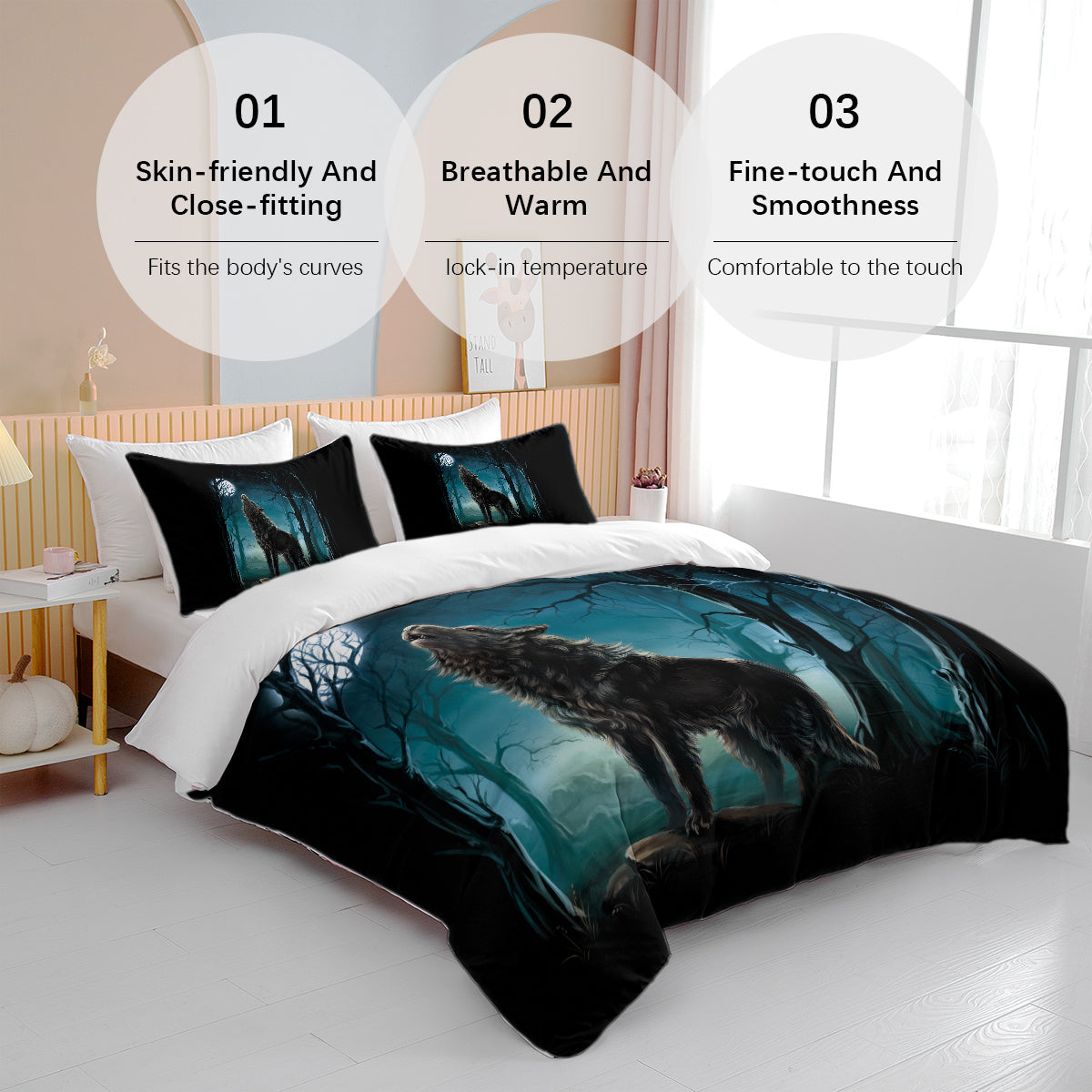 Moon Wolf Duvet Cover Set - Watercolor Forest Design, 3 Pieces