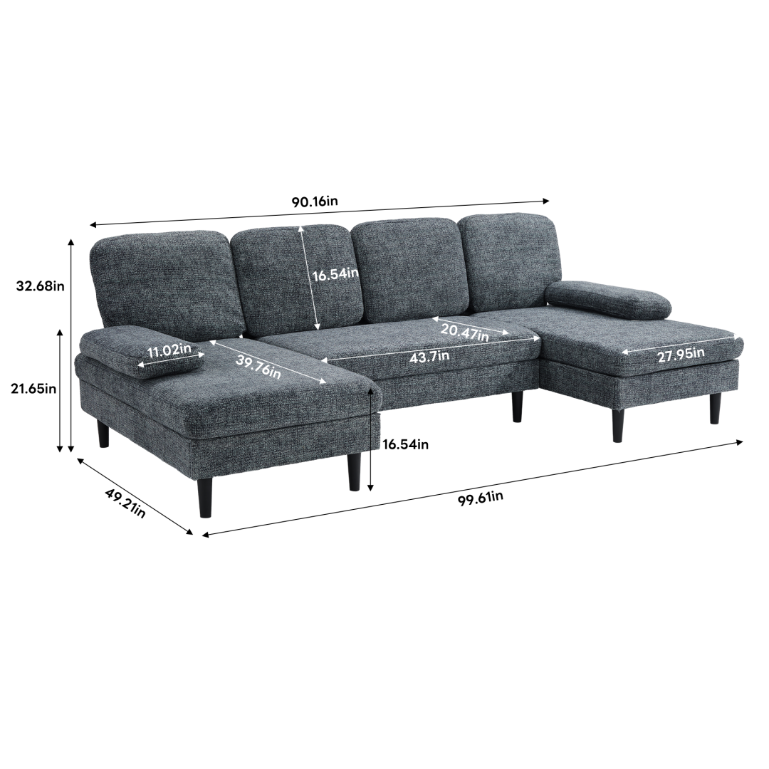 U-Shaped Sectional Sofa - Dark Grey Chenille Fabric, 4-Seater