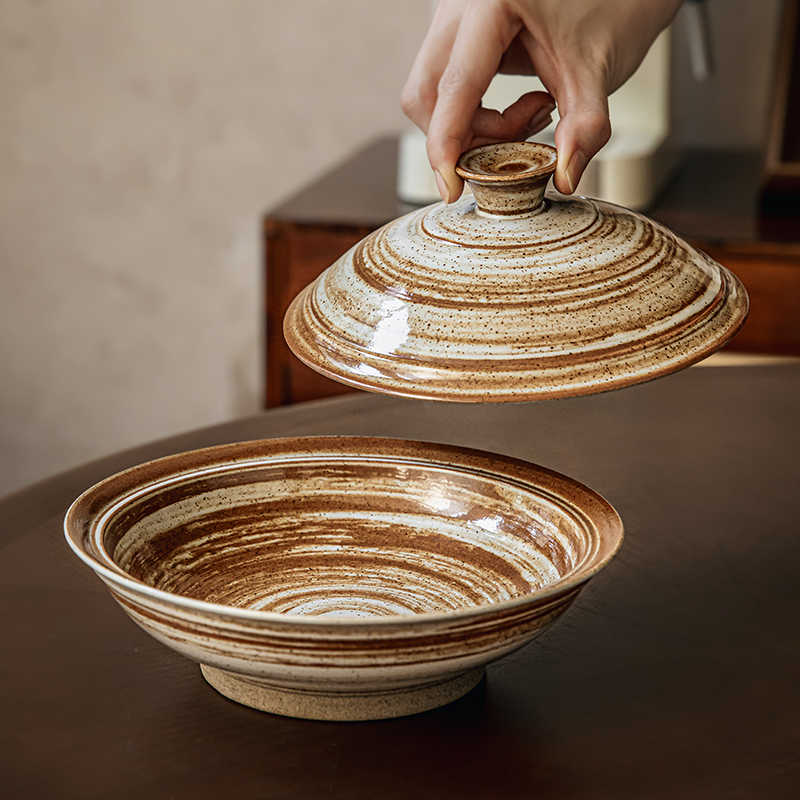 High Leg Ceramic Stoneware Bowl with Lid - 7.5 Inch Retro Dinnerware