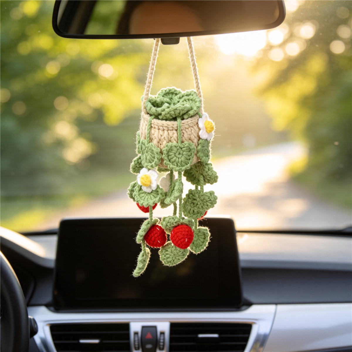 Handmade Crochet Hanging Plant Ornament with Strawberry & White Blossom Decor - Indoor Home Decor