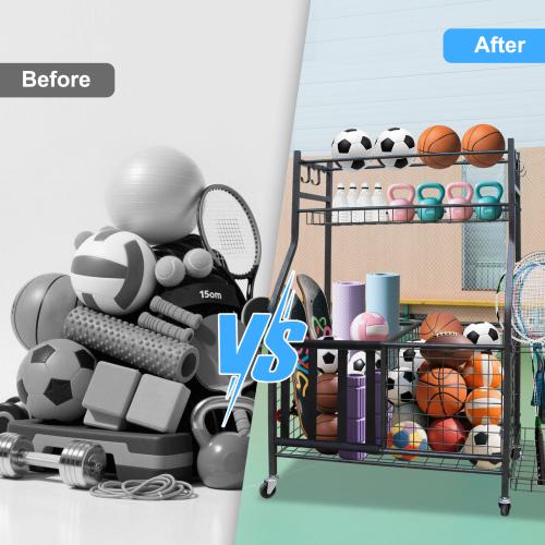 Garage Sports Equipment Storage Rack With Large Capacity, Wheeled,