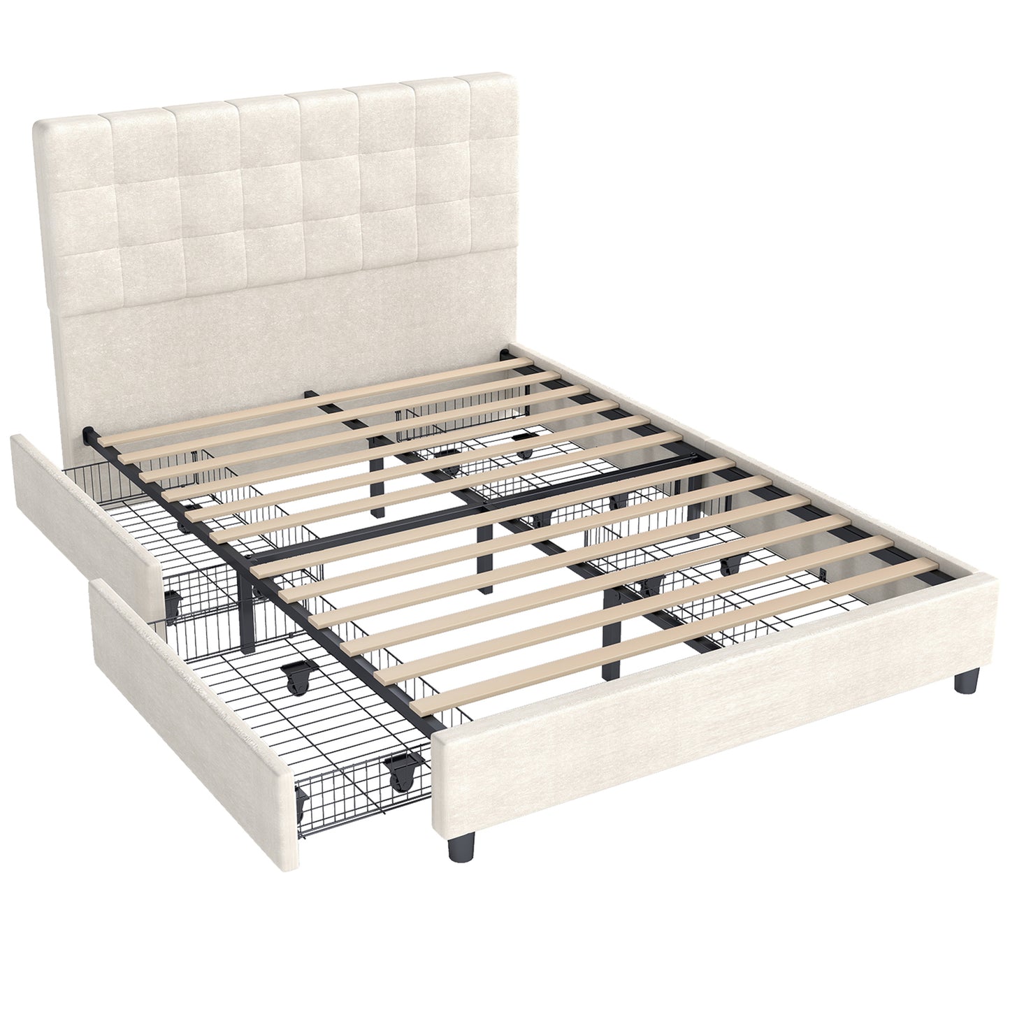 Bed Frame Upholstered Vertical Channel Headboard With 4 Storage
