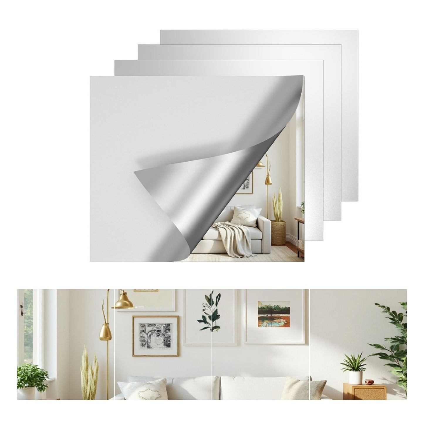 4-Piece Frameless Glass Mirror Tiles - Adhesive Wall-Mounted Panels