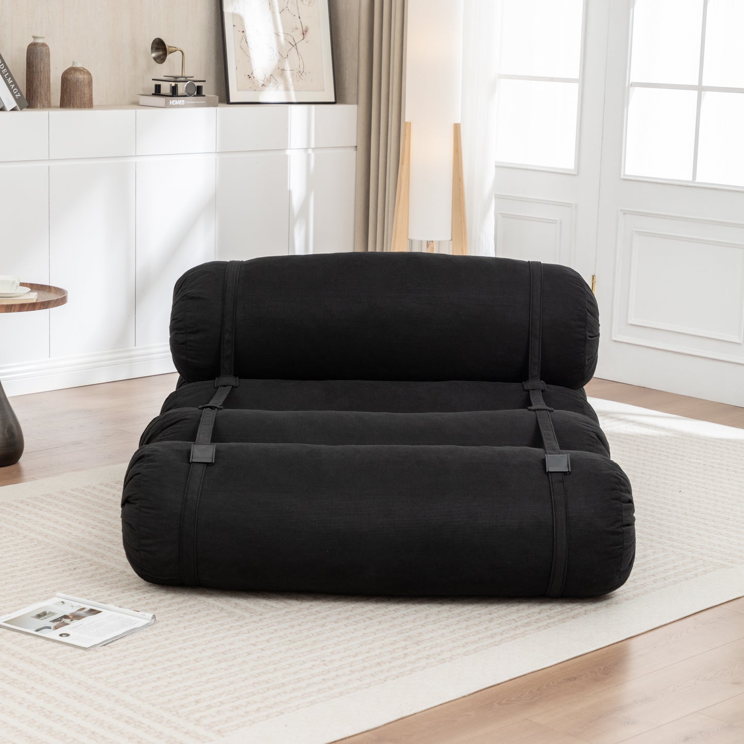 Adjustable Corduroy Floor Sofa - Black Multi-Person Leisure Chair