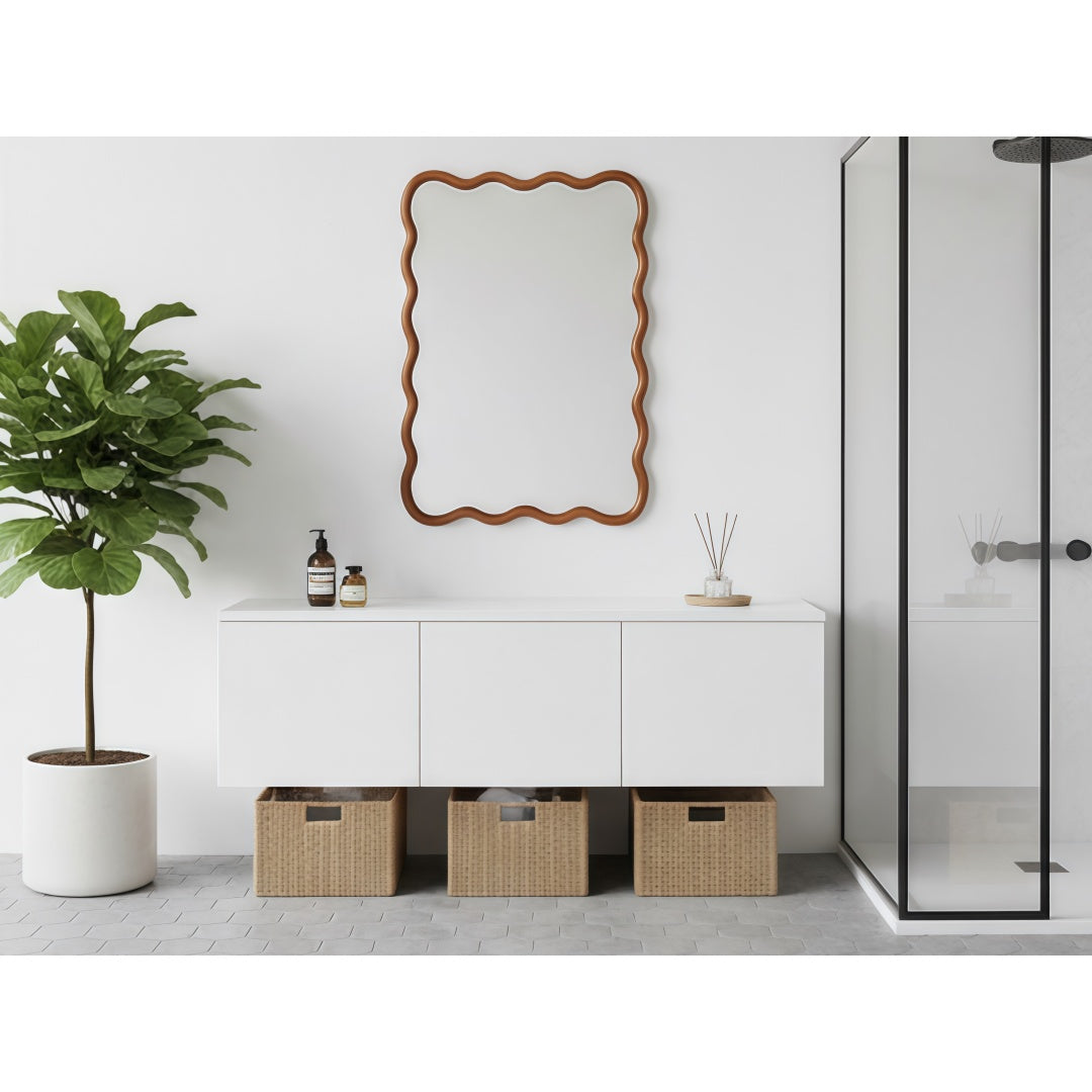 Wavy Rectangle Solid Wood Frame Decorative Mirror - Yellowish Brown 20x30
