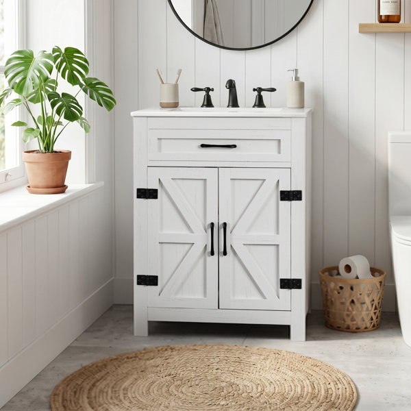 30-Inch Water-Washed White Double Barn Door Vanity Cabinet