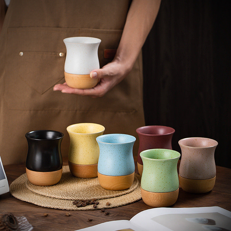 Retro Solid Wood Base Stoneware Coffee Mug 260ml - Multiple Colors