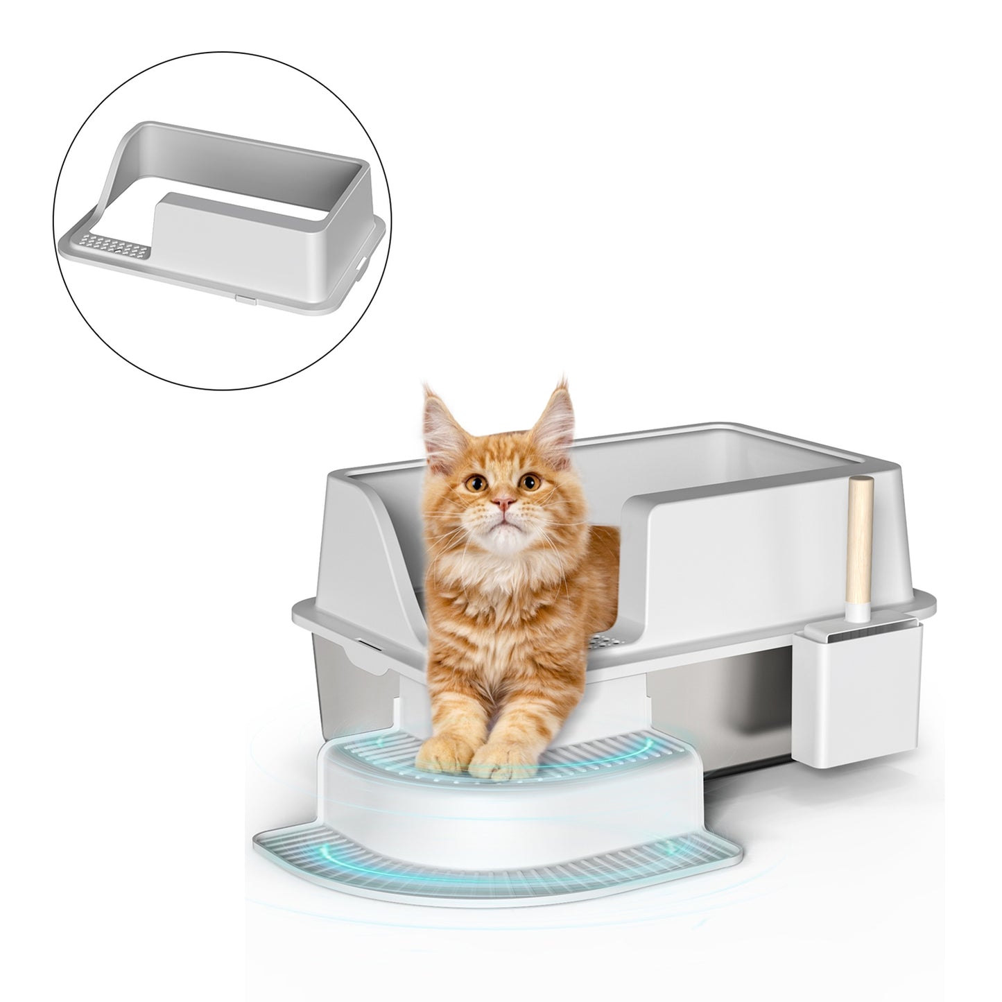 30L Stainless Steel Semi Enclosed Cat Litter Box with Footboard & Scoop