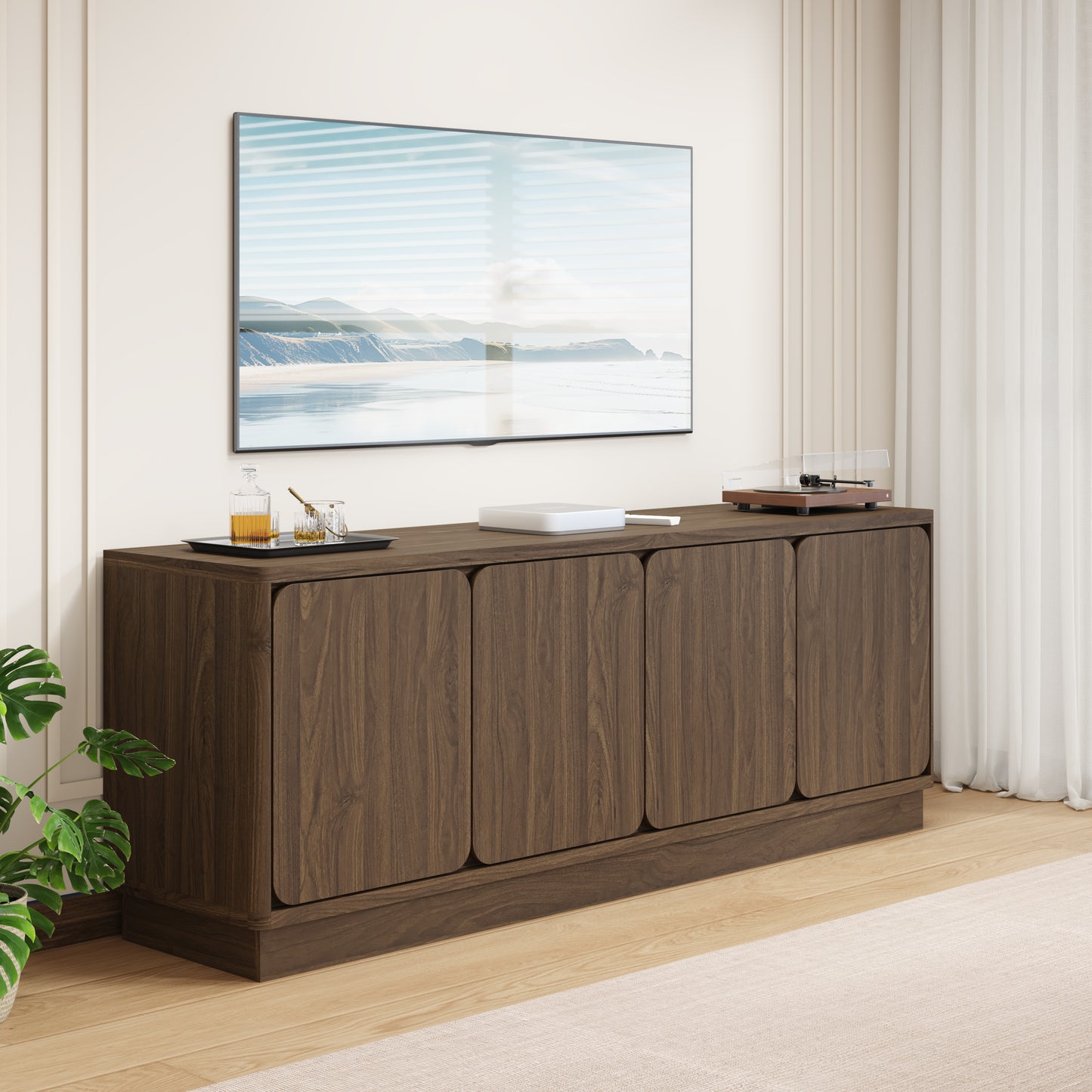 63 Inch Walnut TV Stand with 4 Storage Doors - Modern Media Console