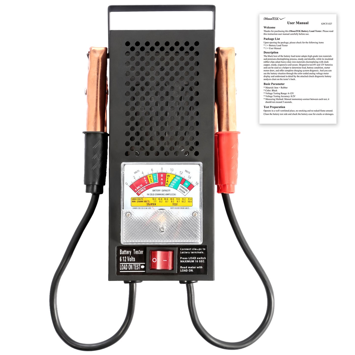Battery Load Tester 6-12V Automotive Battery Tester with Copper Clips and Handle
