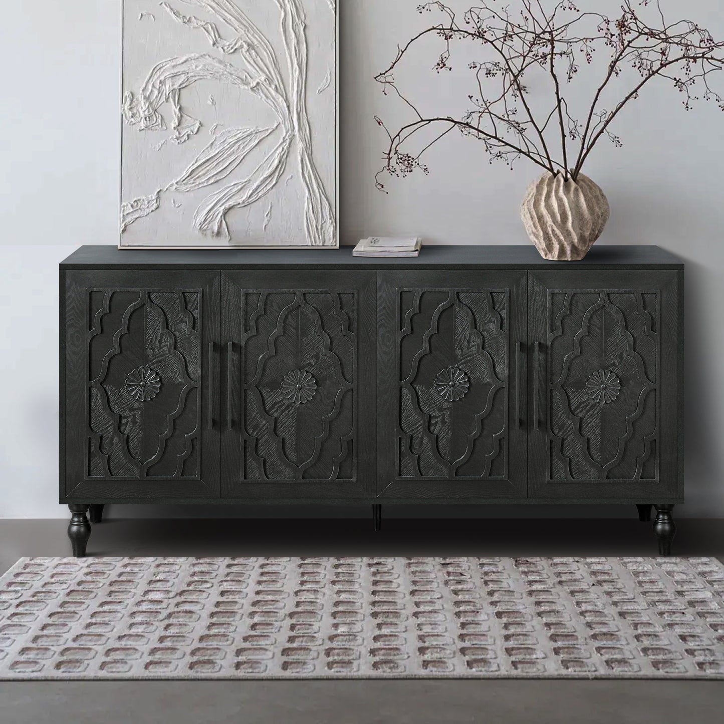 Large Carved Flower Door Storage Cabinet with Metal Handle - Black