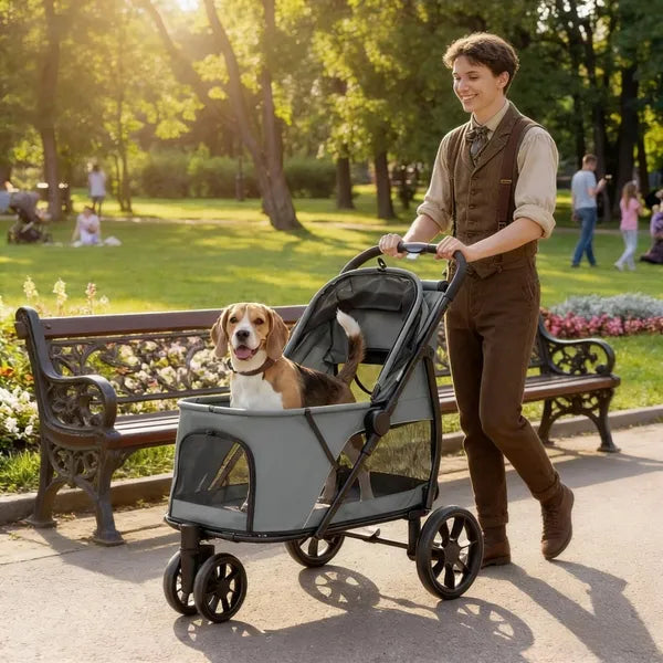 Pet Stroller for Medium Dogs - Foldable All-Terrain Travel Carrier with Mesh Windows