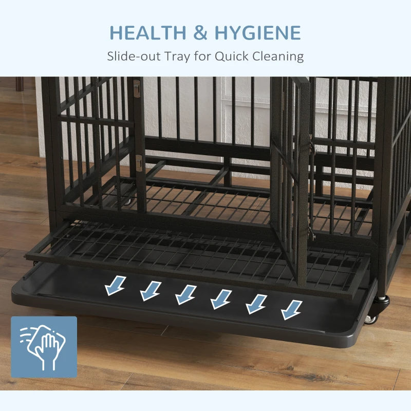 Heavy Duty Metal Dog Crate with Lockable Wheels, Double Doors & Removable Tray - Gray