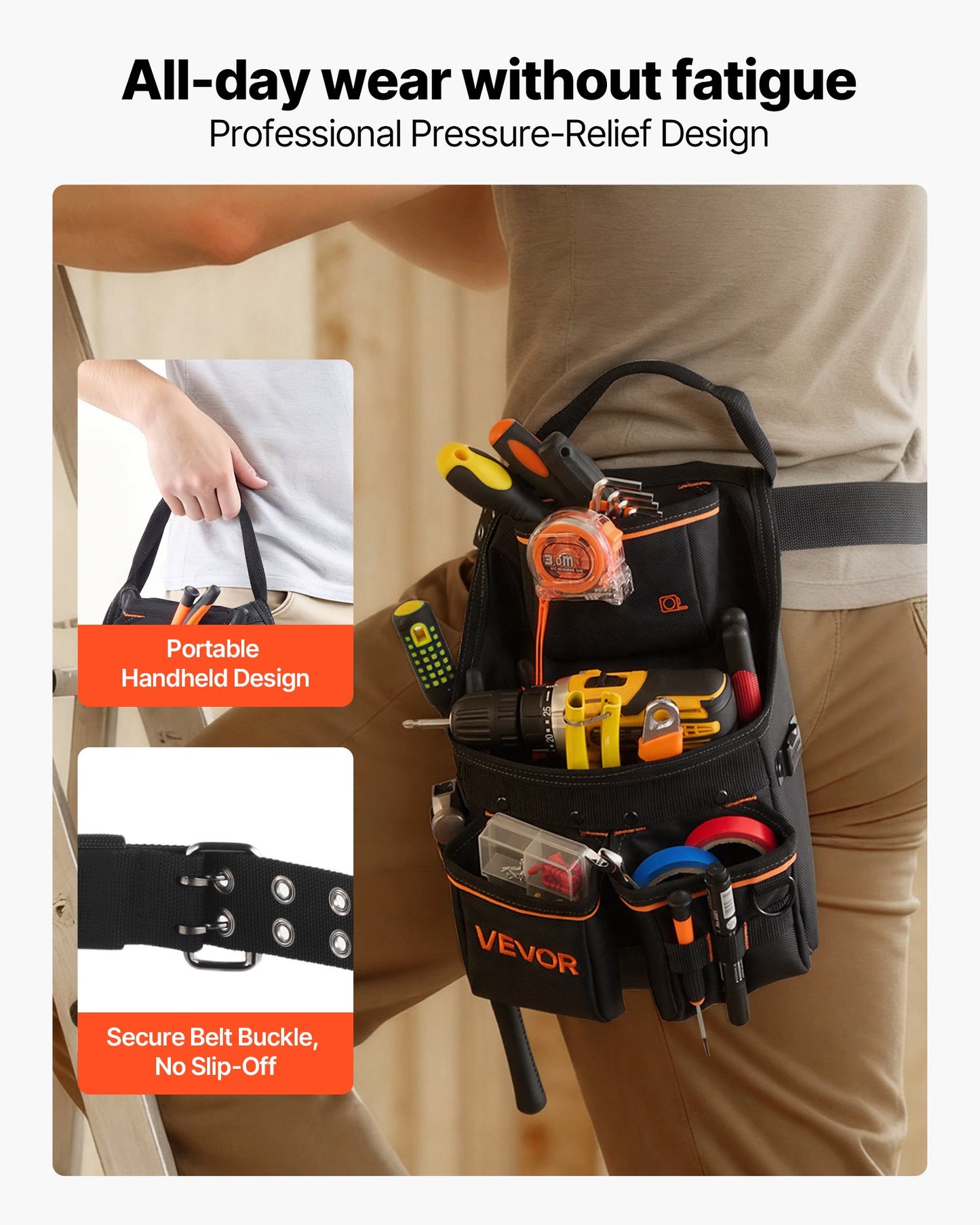 Heavy Duty Tool Belt with 14 Pockets, Adjustable Waist for Construction & Electricians
