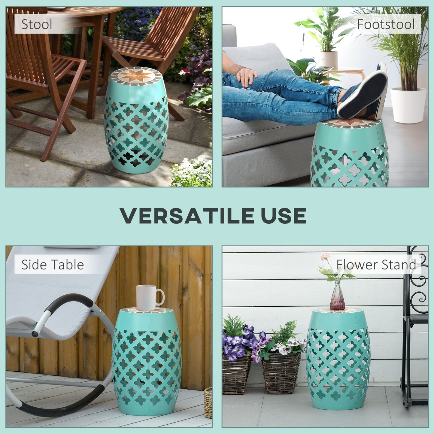 Mosaic Outdoor Stool - 12" Round Patio Side Table - Blue