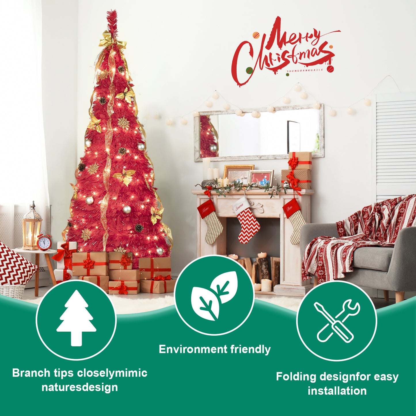 6FT Artificial Red Christmas Tree with 150 LED Lights