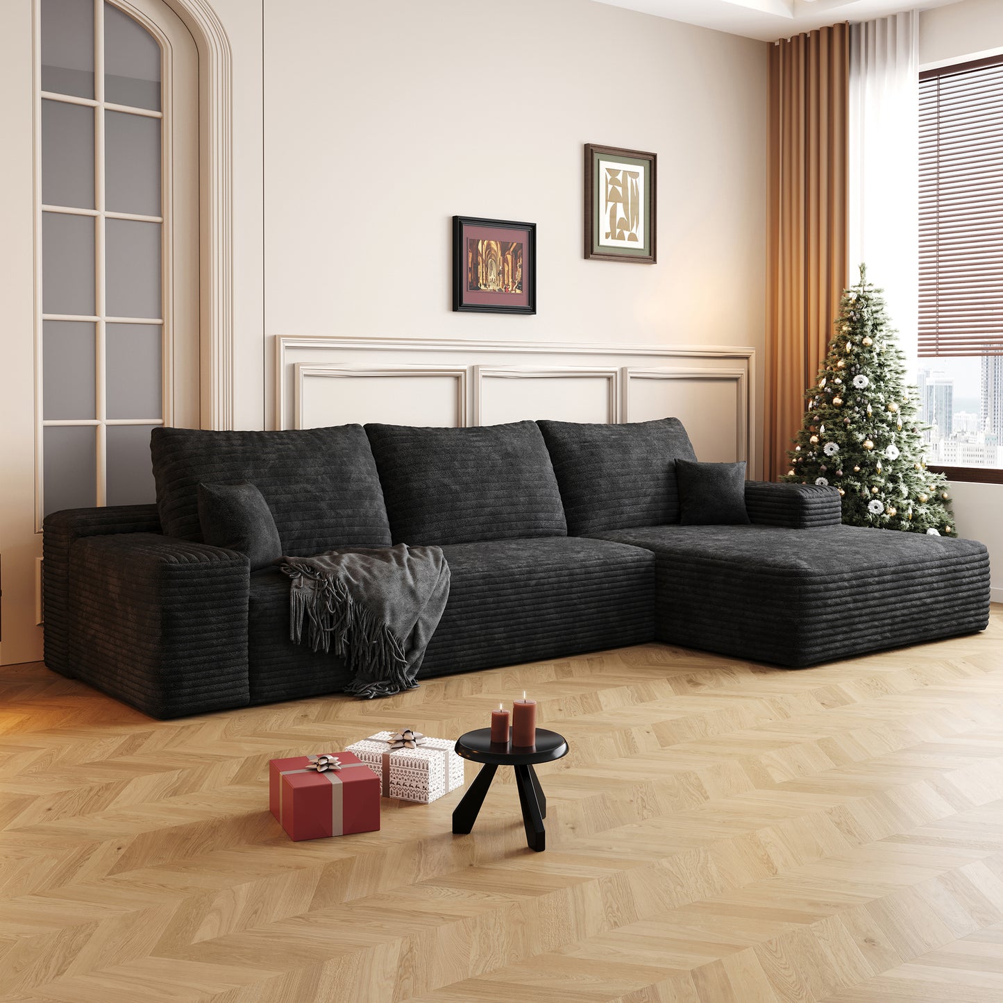 107" Cloud Sectional Couch with L-Shape Chaise - Black Plush Fabric