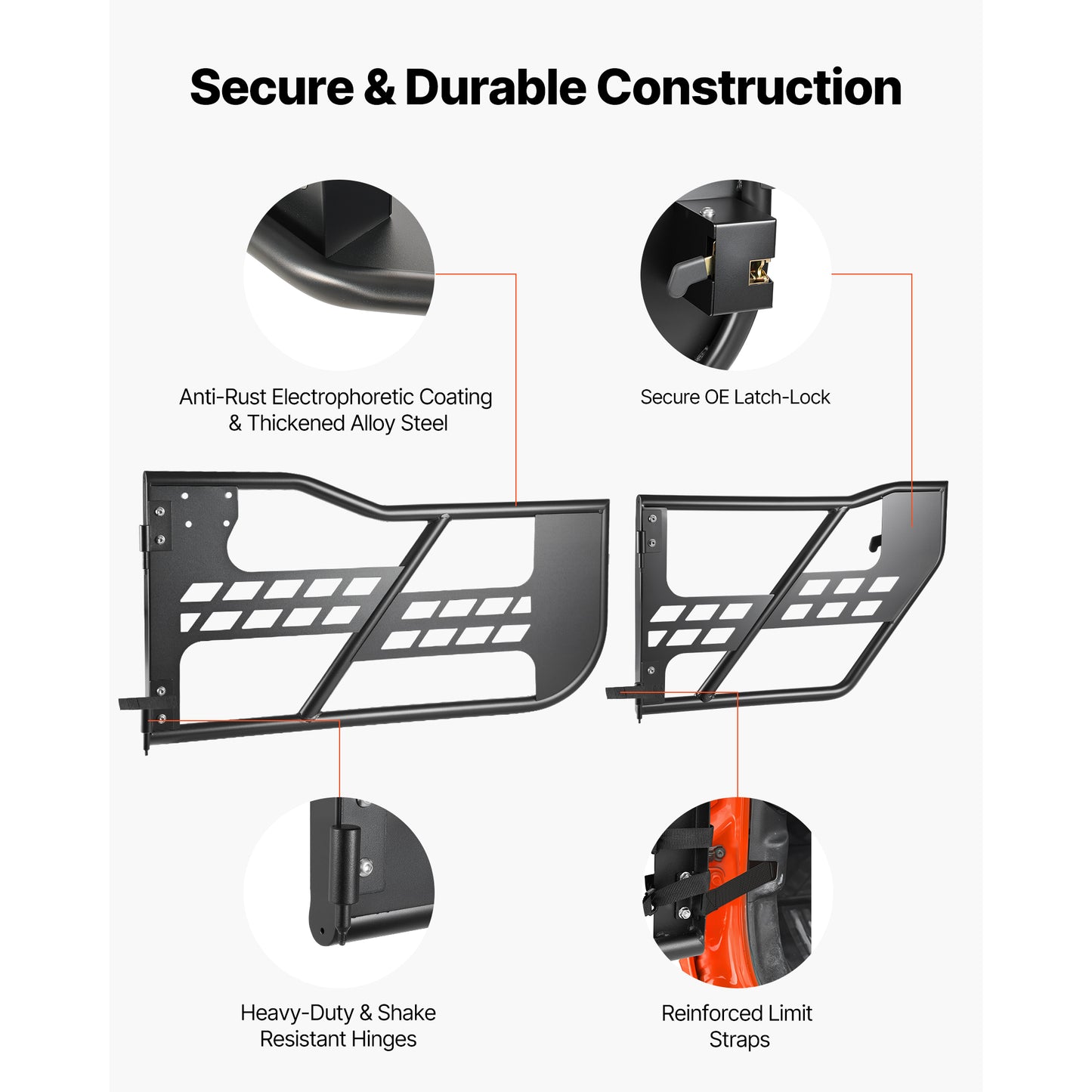 Jeep Tube Doors for 2007-2018 Jeep Wrangler JK JKU Unlimited - Steel Off-Road Half Doors with Storage Bag & Heavy-Duty Hinges