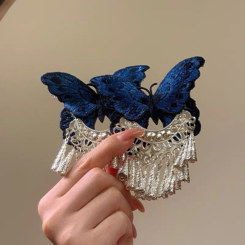 Butterfly-Embroidered Tassel Hair Clip - Alligator Clip