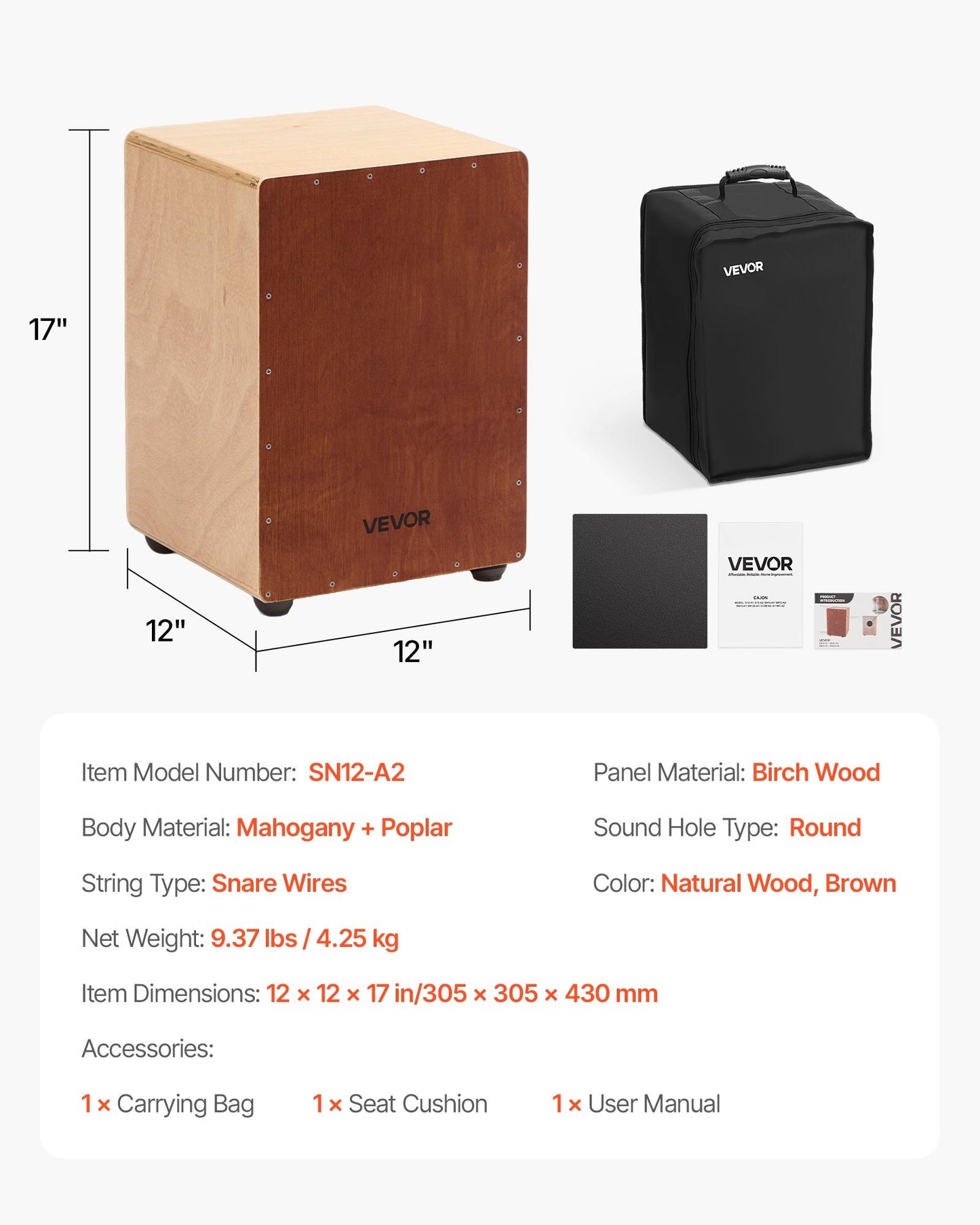 Wooden Cajon Box Drum with Internal Snare Wires and Travel Bag - Percussion Instrument