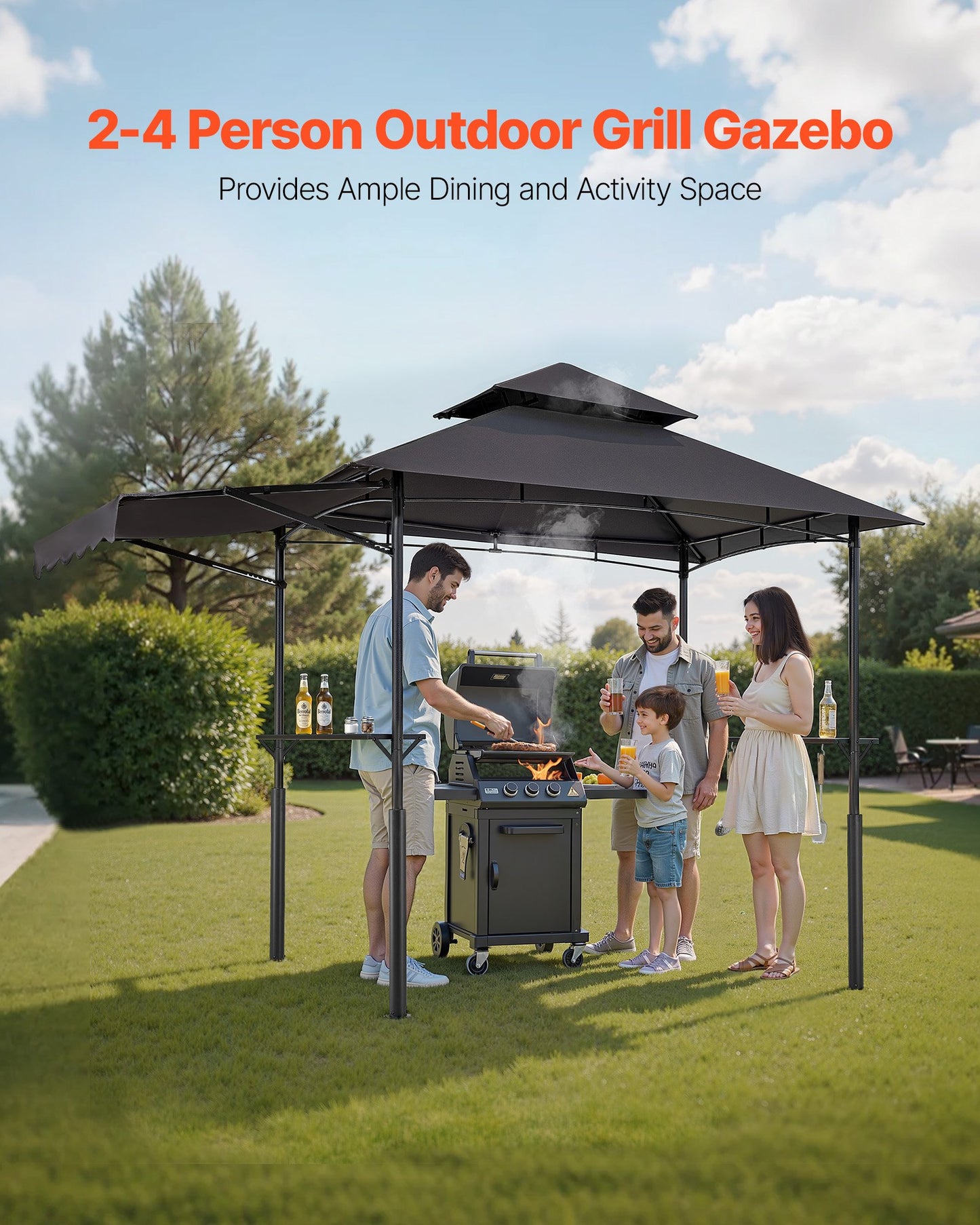 8x5 ft Reinforced BBQ Grill Gazebo Canopy with Double-Tiered Roof & Side Awnings