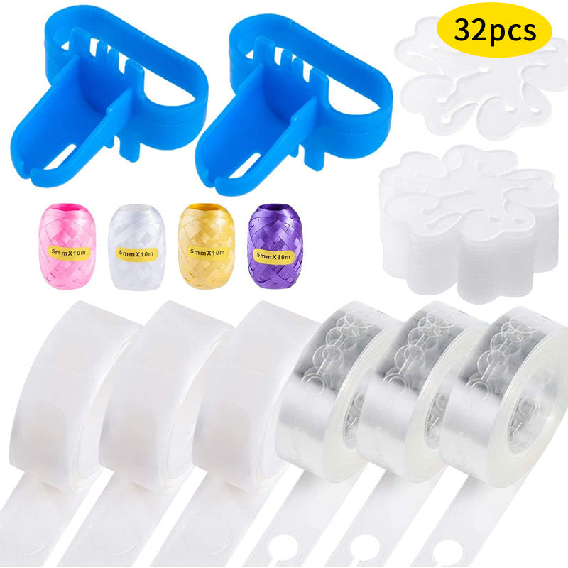 Decorative Balloon Clip Set with Ribbons and Glue Dots for Party Decor - 32 Pieces