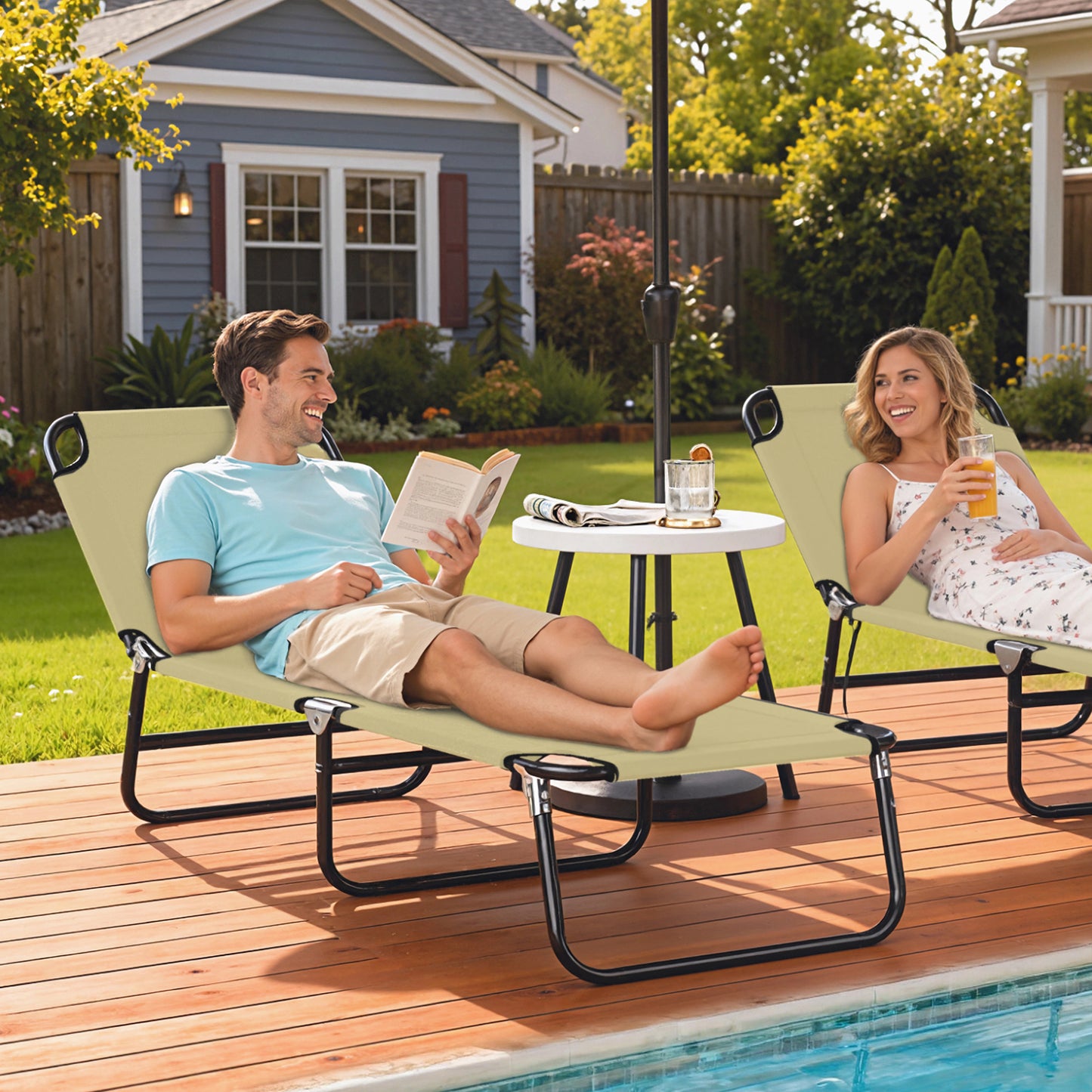 Folding Chaise Lounge Chair - 5-Level Recline, Steel Frame, Beige