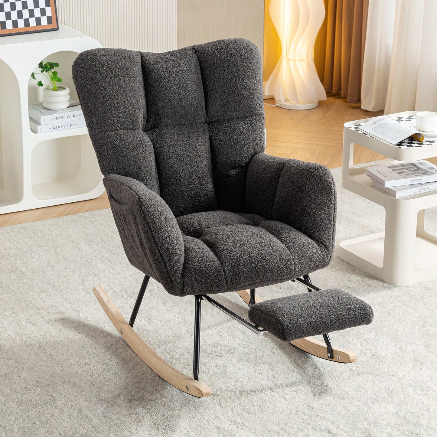Modern Teddy Fabric Rocking Chair with Adjustable Footstool - Dark Gray