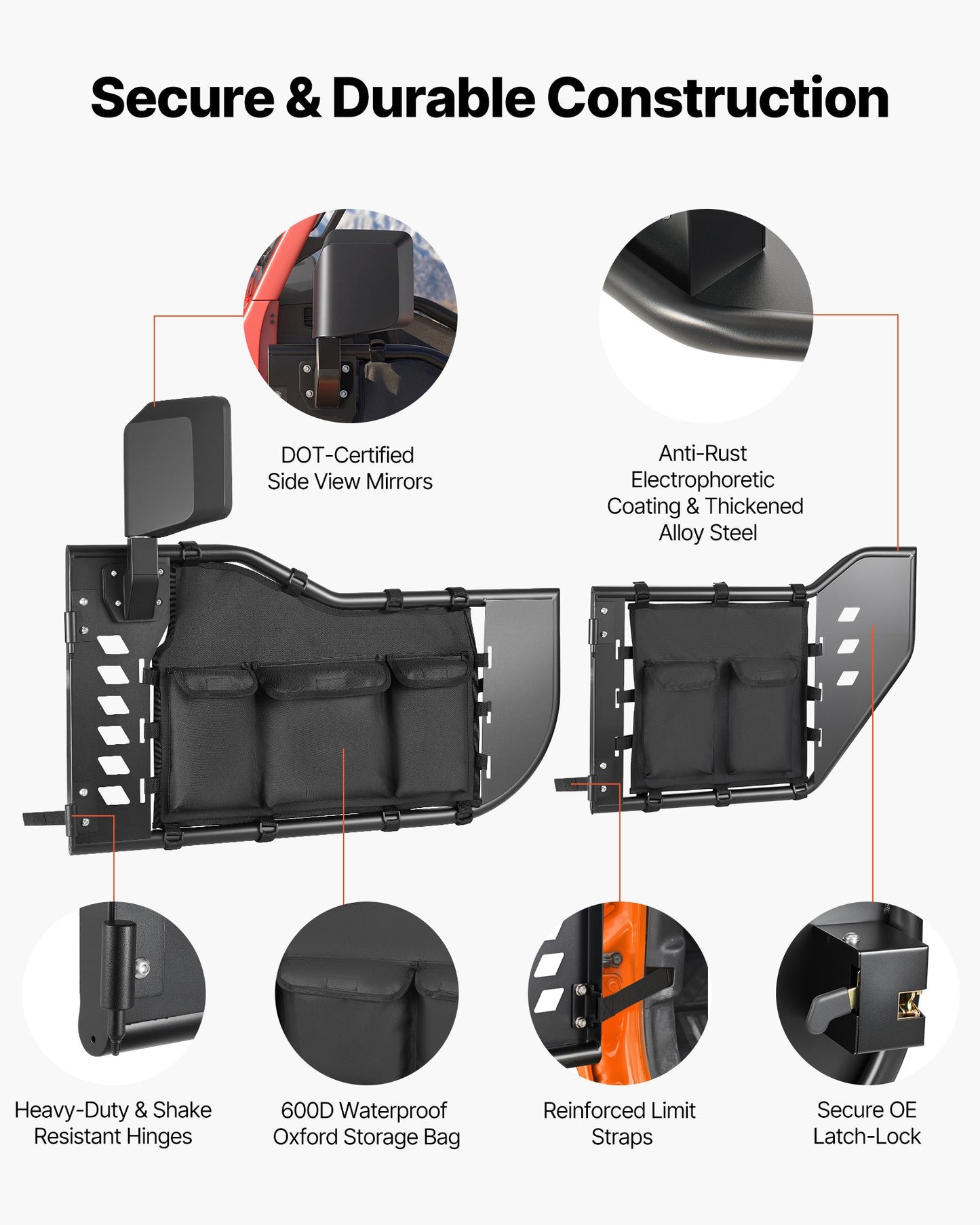 Jeep Tube Doors - 4-Door Steel Off-Road Half Doors with DOT Mirrors & Storage Bag