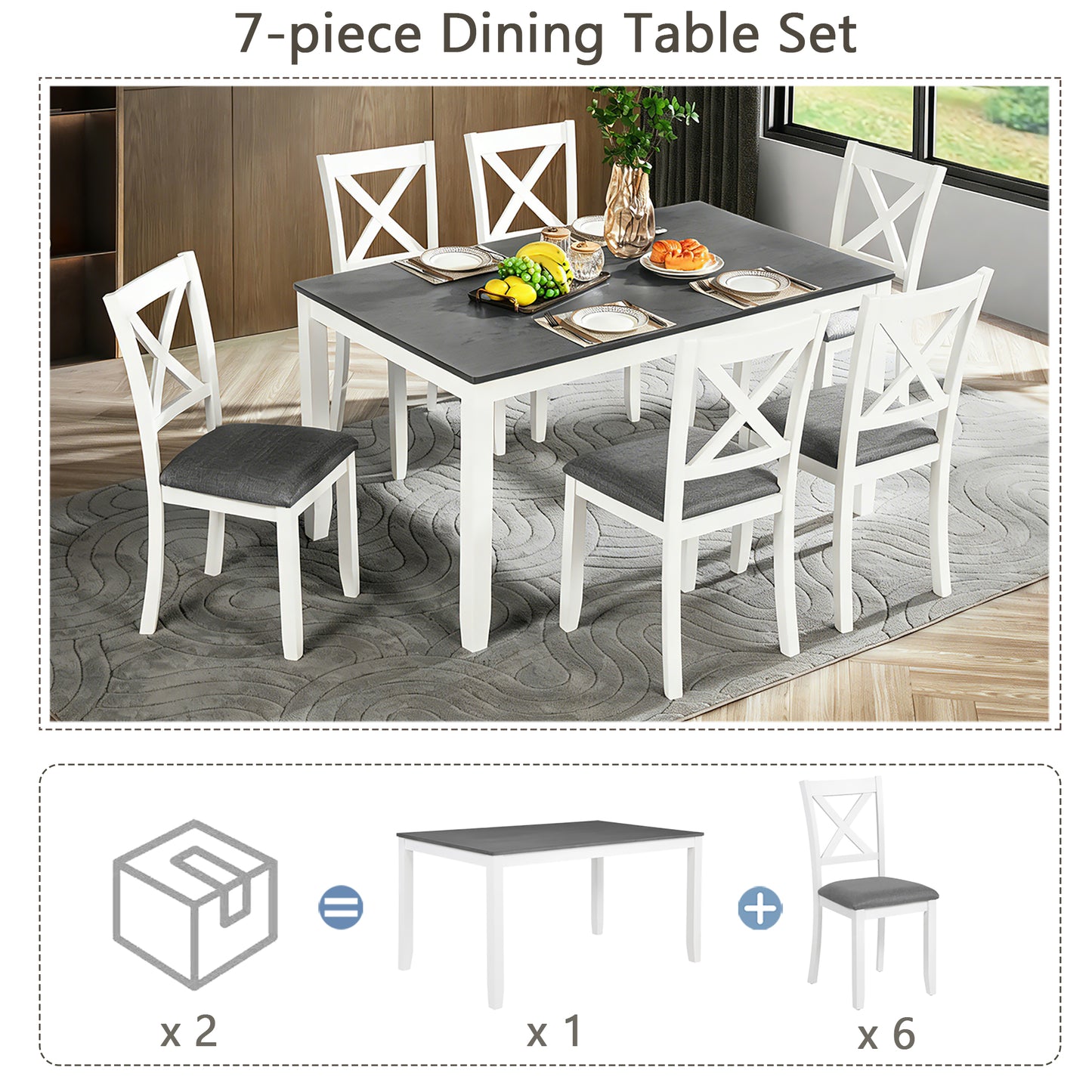 Solid Wood Dining Table Set with 6 Padded Chairs - Grey & White