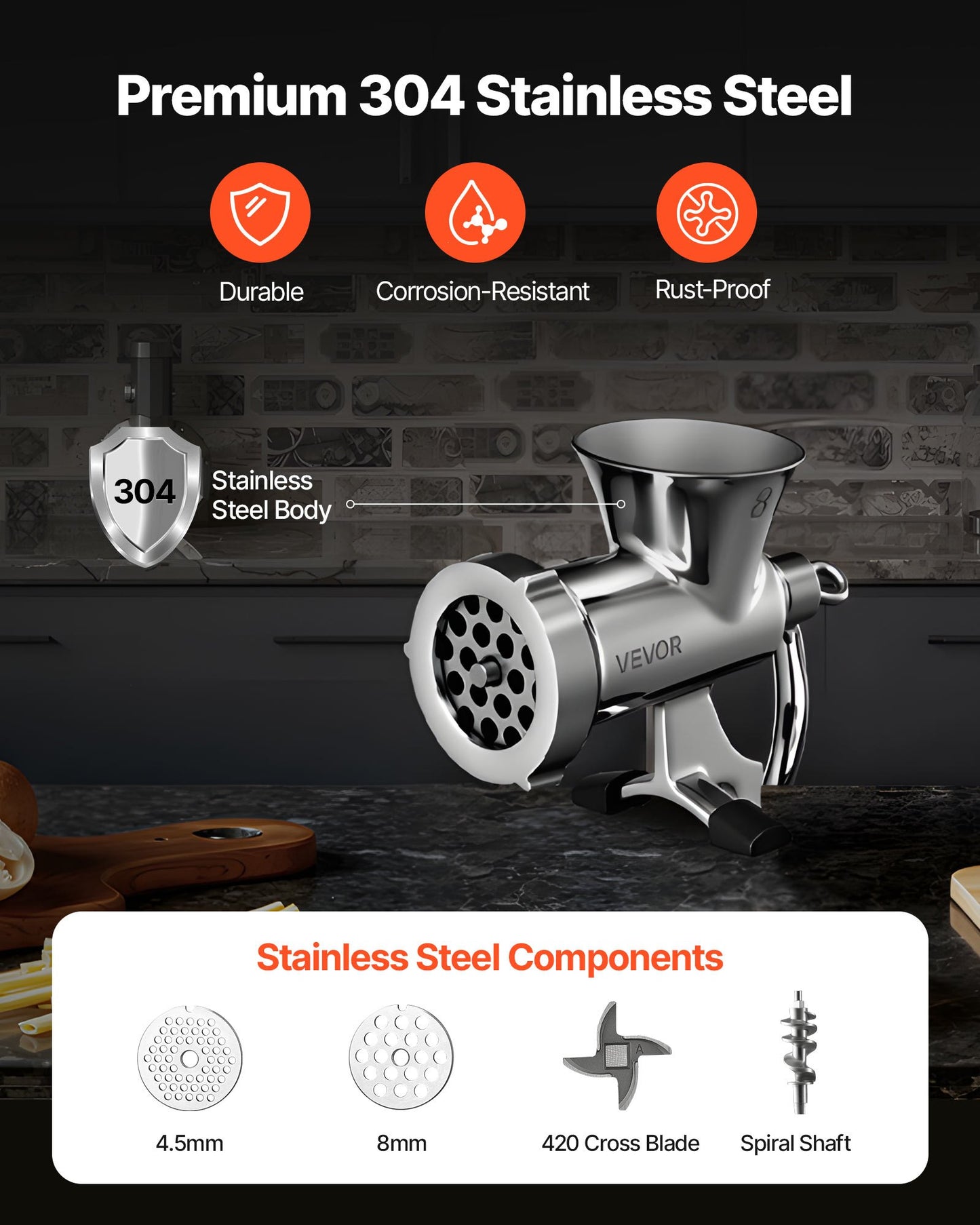 Manual Meat Grinder - 304 Stainless Steel Mincer with Clamp