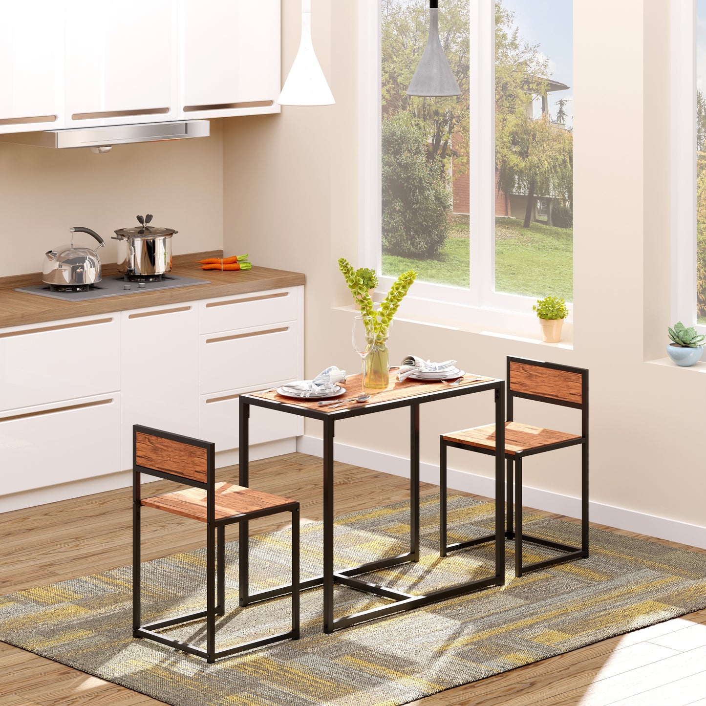 3-Piece Industrial Dining Set for 2 - Rustic Brown