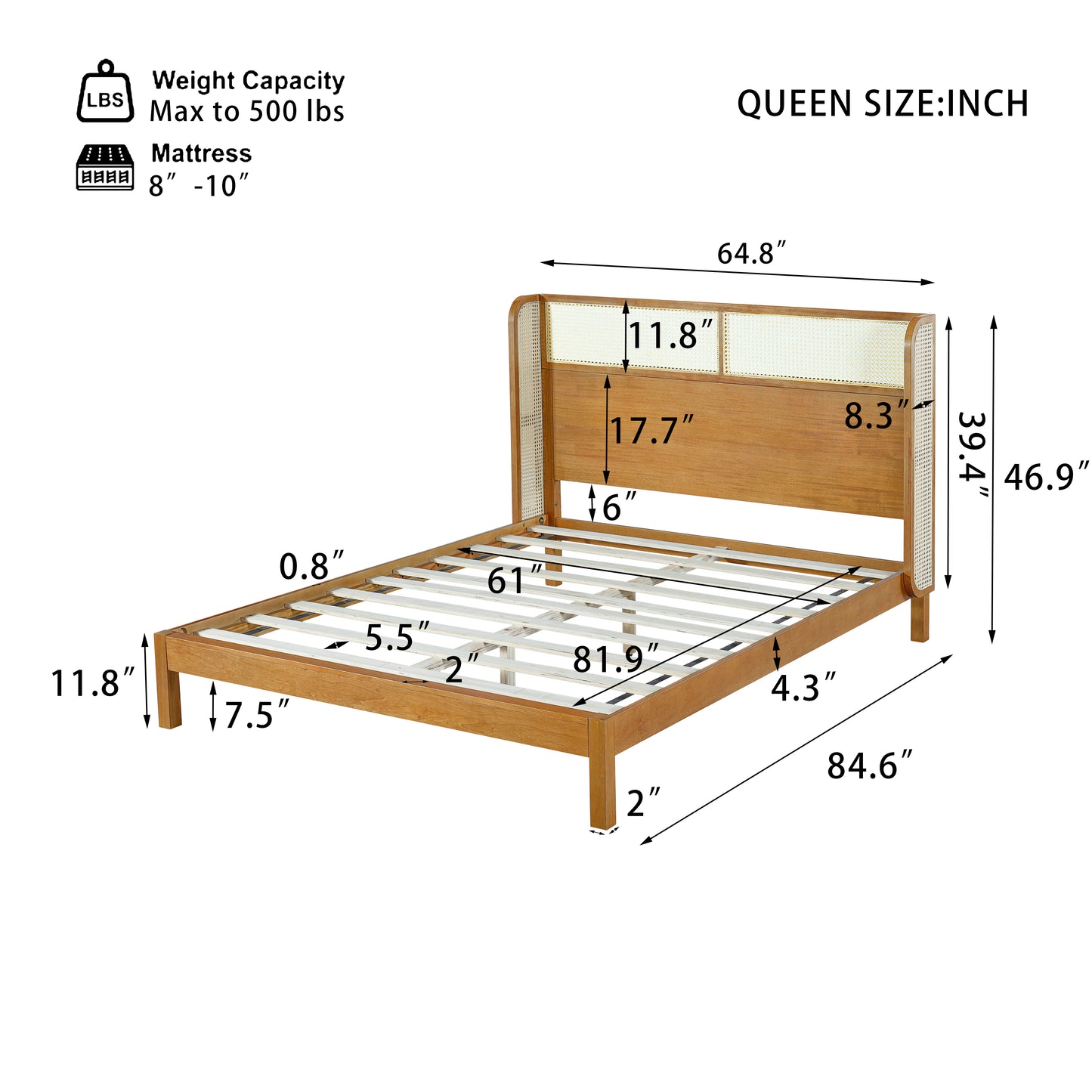 Queen Platform Bed Frame with Headboard - Mid Century Modern Natural Rubber Wood