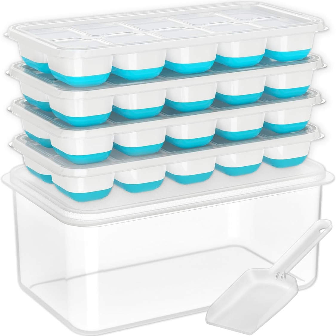 Ice Cube Tray With Lid And Bin - 4 Pack Silicone Trays For Freezer,