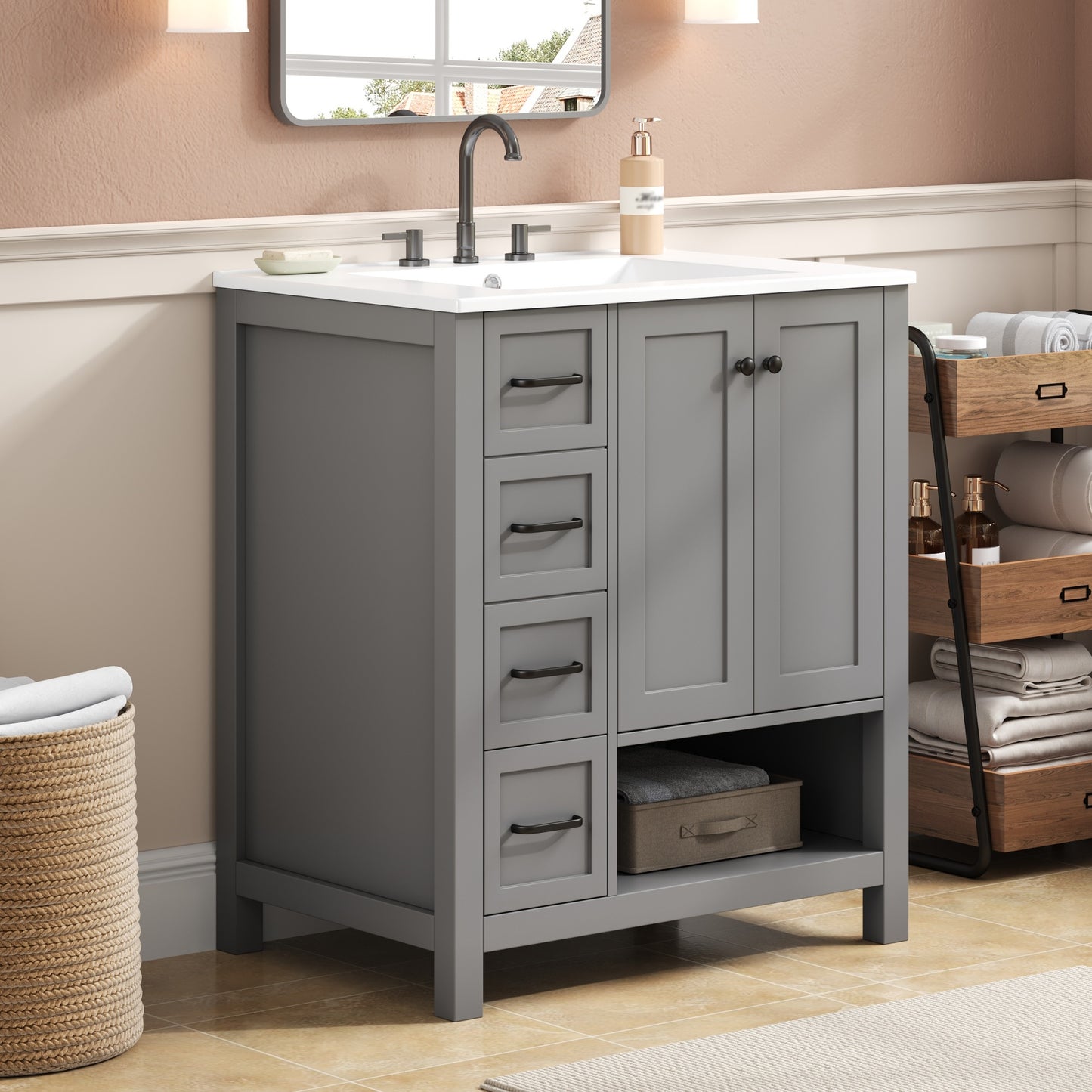 30" Gray Bathroom Vanity with Sink, Solid Wood & MDF Cabinet