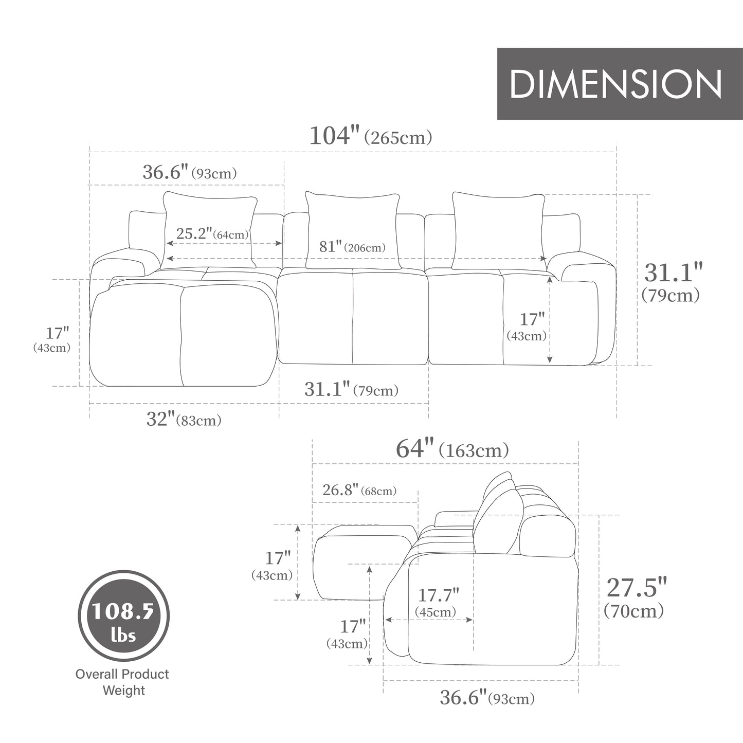 104.3" 4-Piece L Shaped Modular Sectional Sofa Set - Charcoal