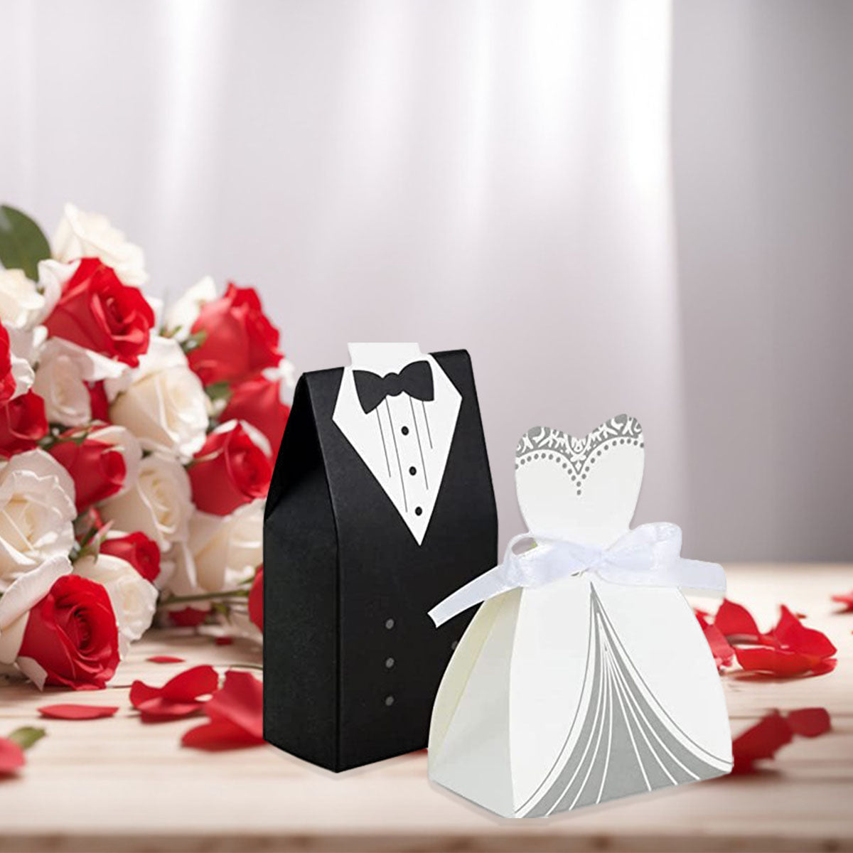 Wedding Tuxedo Gift Boxes with Ribbon - 100 Pcs Black & White