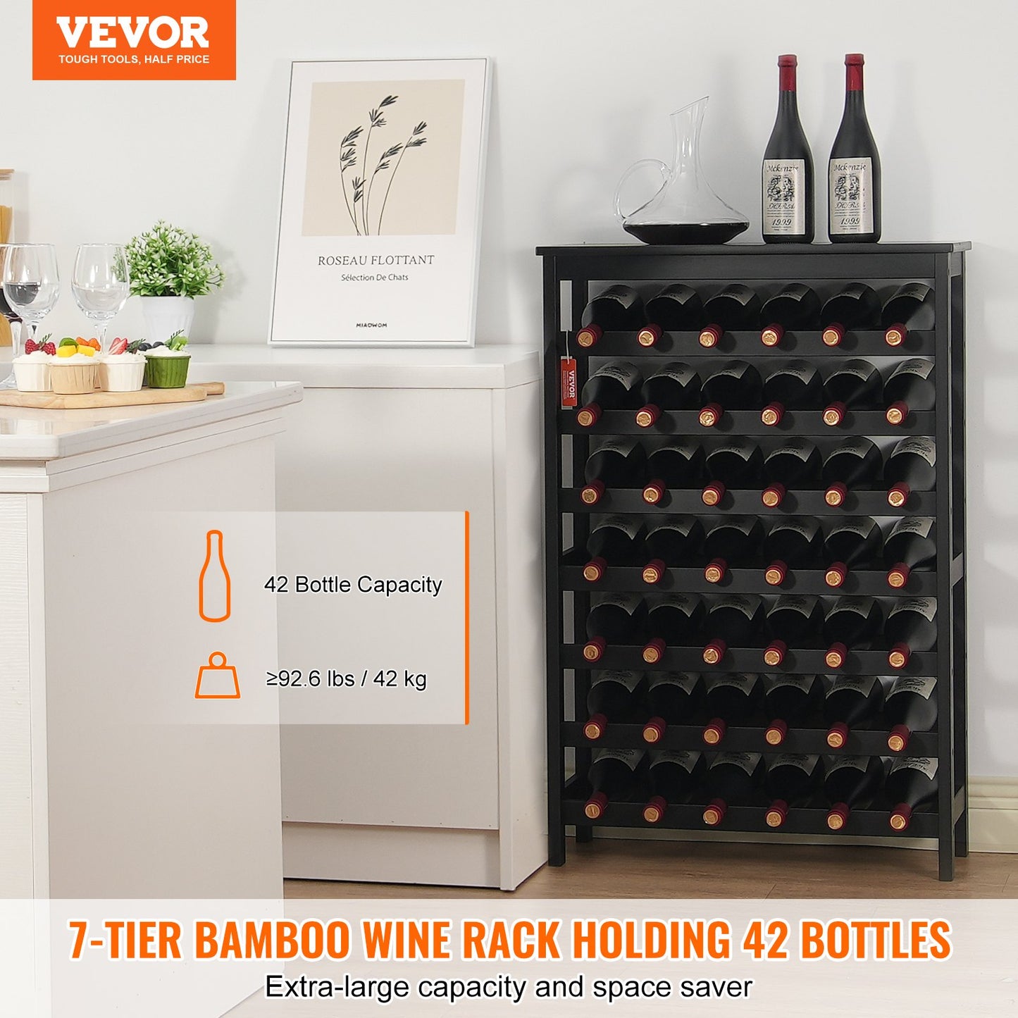 Bamboo Wine Rack - 42-Bottle 7-Tier Modular Display Shelf