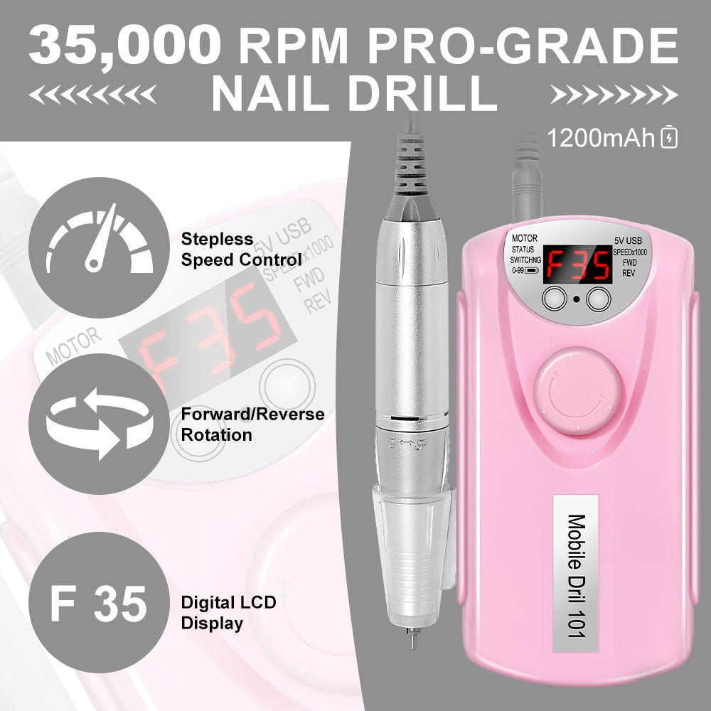 Professional 35000 RPM Rechargeable Electric Nail Drill Kit - Portable File