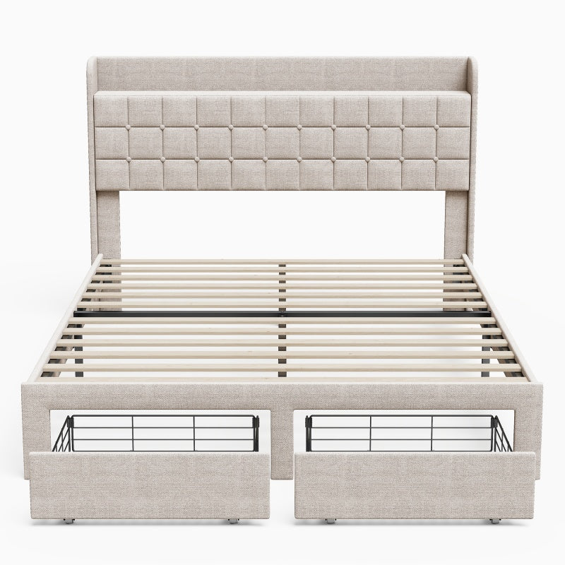 Full Size Upholstered Bed Frame with 2 Storage Drawers - Beige
