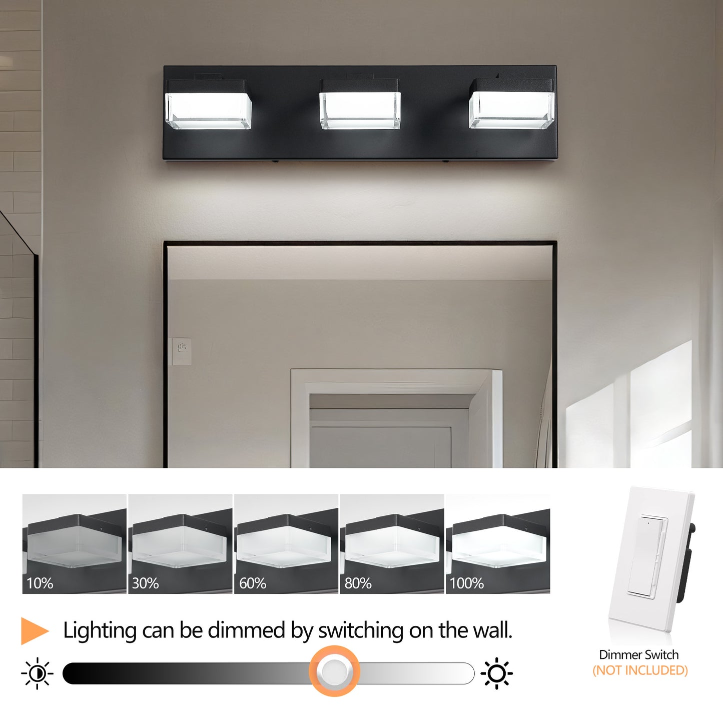 Modern LED Vanity Light - 3-Light Matte Black Over Mirror