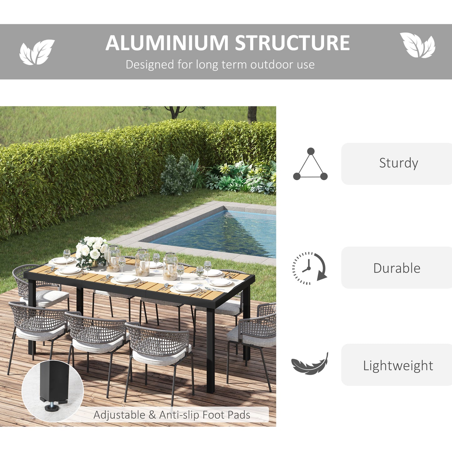 Outdoor Dining Table for 8 - Rectangular Aluminum Frame, Natural Wood Top